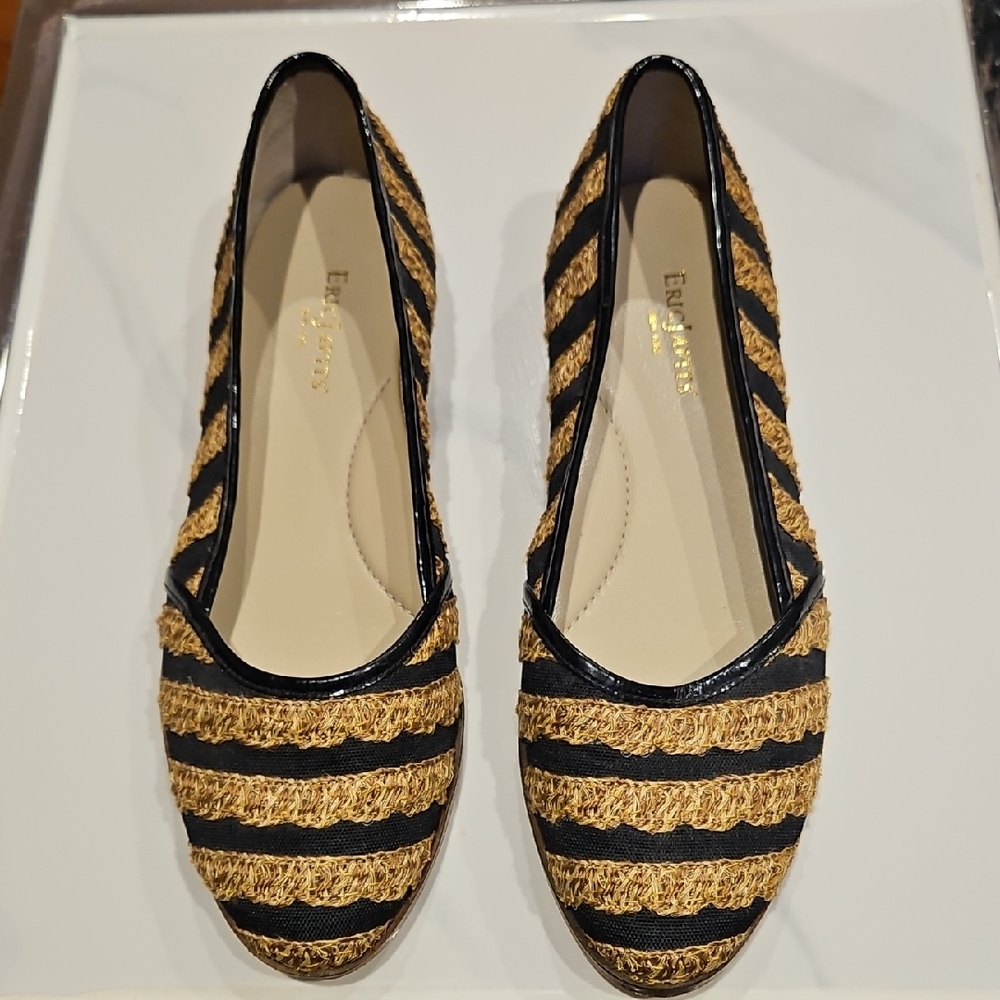 Eric Javits Black and Gold Striped Braided Slip-Ons